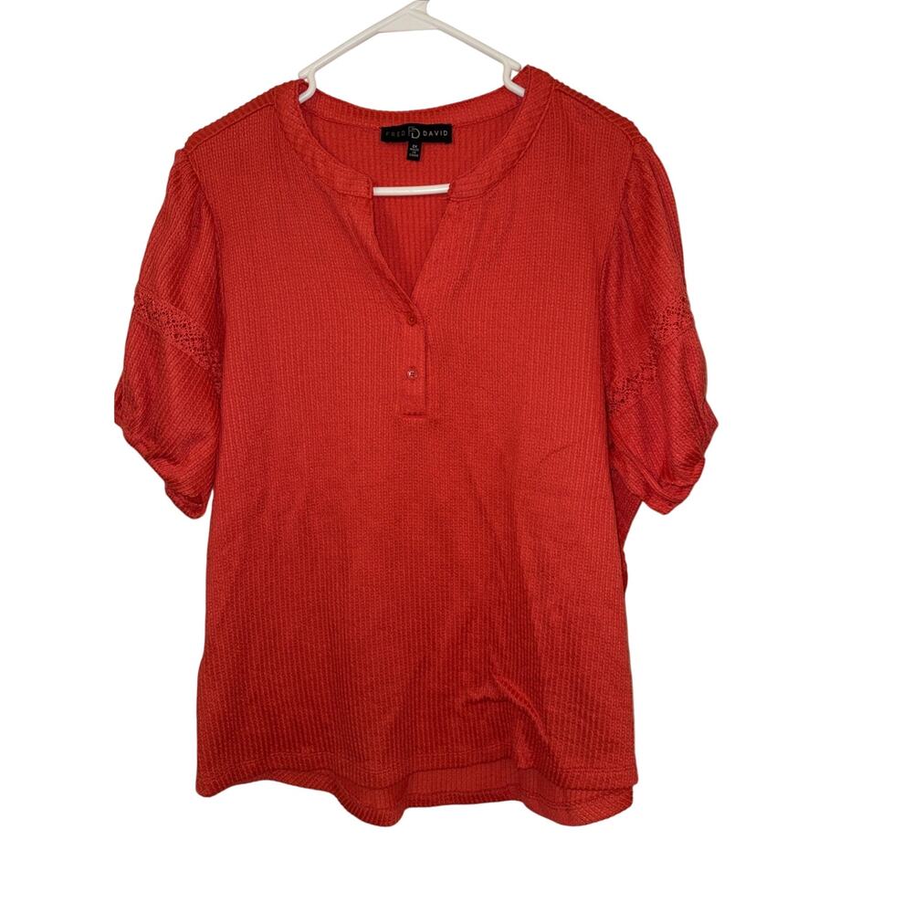 Fred David orange short-sleeve Henley top W Puff Sleeves & Lace Trim2XL